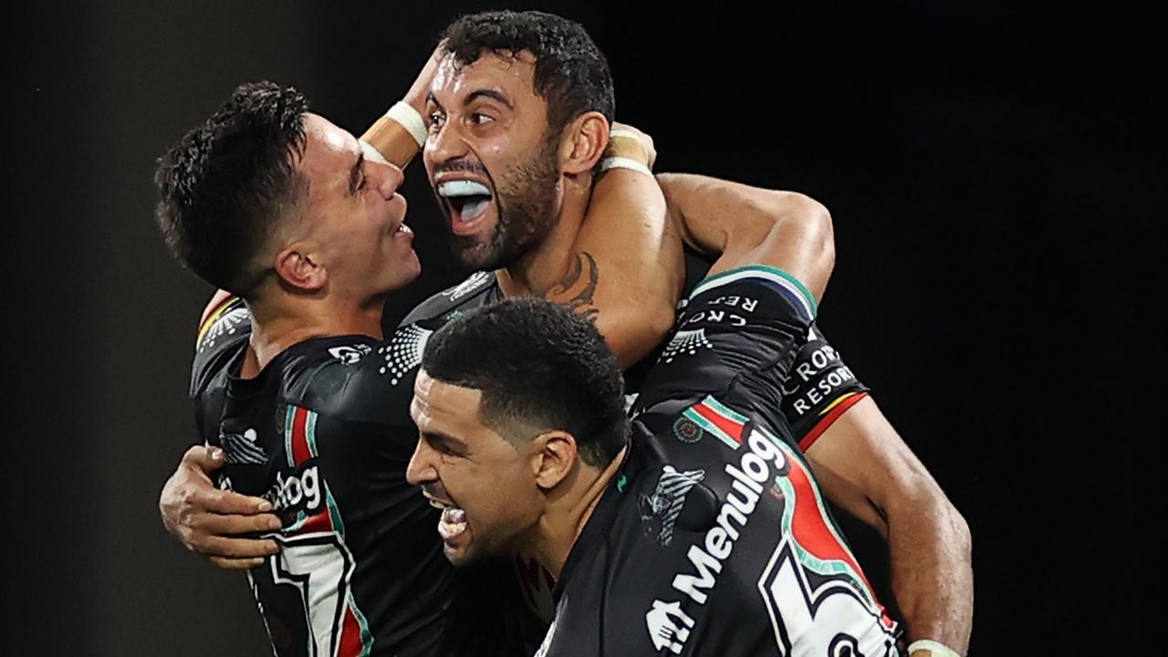 Alex Johnston celebrates breaking a Rabbitohs’ record (Photo by Cameron Spencer/Getty Images)