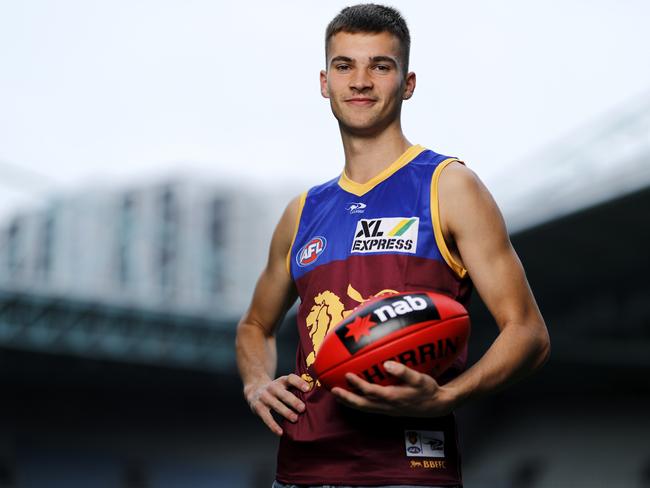 MELBOURNE, AUSTRALIA - NOVEMBER 25: Darcy Wilmot of the Lions poses for a photo during the NAB AFL Draft Media Opportunity at Marvel Stadium on November 25, 2021 in Melbourne, Australia. (Photo by Dylan Burns/AFL Photos via Getty Images)