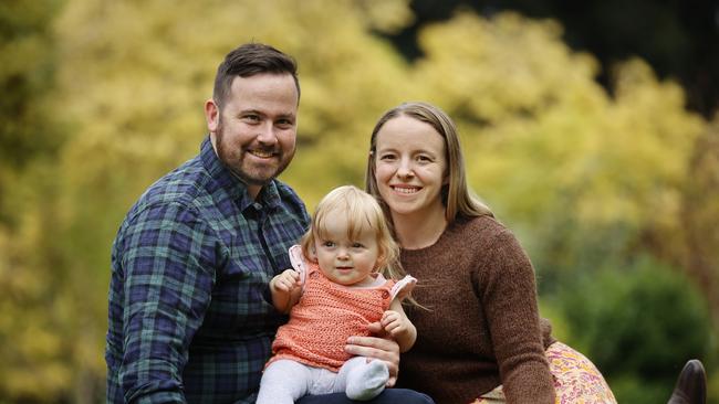 Isla needed a full reconstruction of the rear of her skull. Isla before surgery with mum Matilda and Dad Kirrin. Picture: Alex Coppel