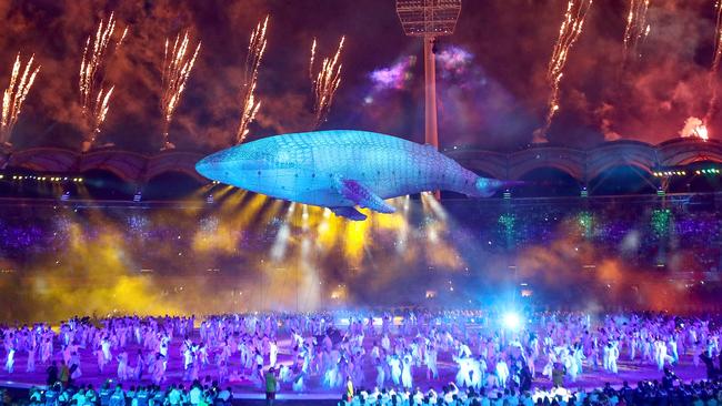 GOLD COAST, AUSTRALIA - APRIL 04:  A general view as White Whale Migaloo is seen during the Opening Ceremony for the Gold Coast 2018 Commonwealth Games at Carrara Stadium on April 4, 2018 on the Gold Coast, Australia.  (Photo by Scott Barbour/Getty Images)