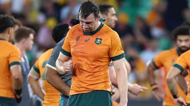 SAINT-ETIENNE, FRANCE - SEPTEMBER 17: w19 of Australia looks on after the Rugby World Cup France 2023 match between Australia and Fiji at Stade Geoffroy-Guichard on September 17, 2023 in Saint-Etienne, France. (Photo by Chris Hyde/Getty Images)