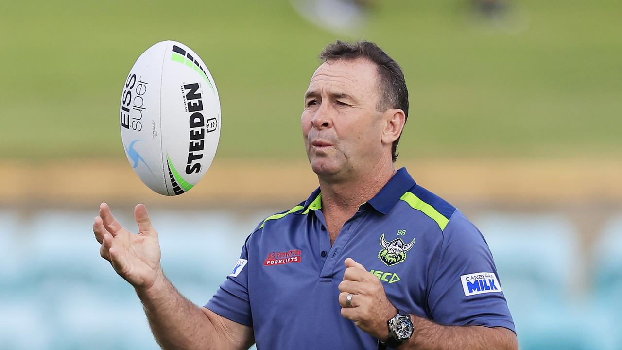 Raiders coach Ricky Stuart had to make a late reshuffle to his line-up after two players were ruled out after returning positive RAT tests. Picture: Mark Evans/Getty Images