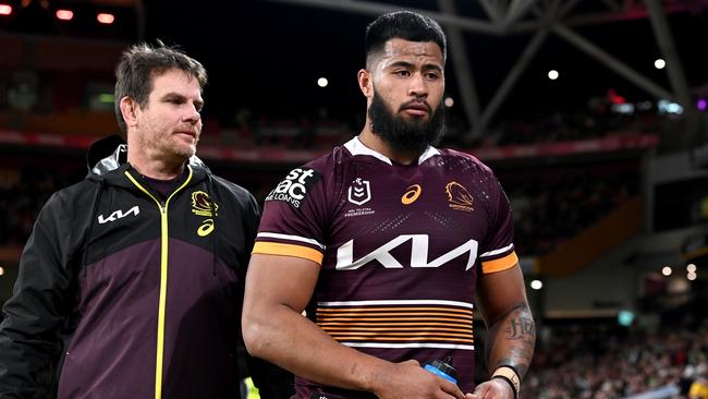 Broncos enforcer Payne Haas injured his shoulder against the Raiders. Picture: Bradley Kanaris/Getty Images