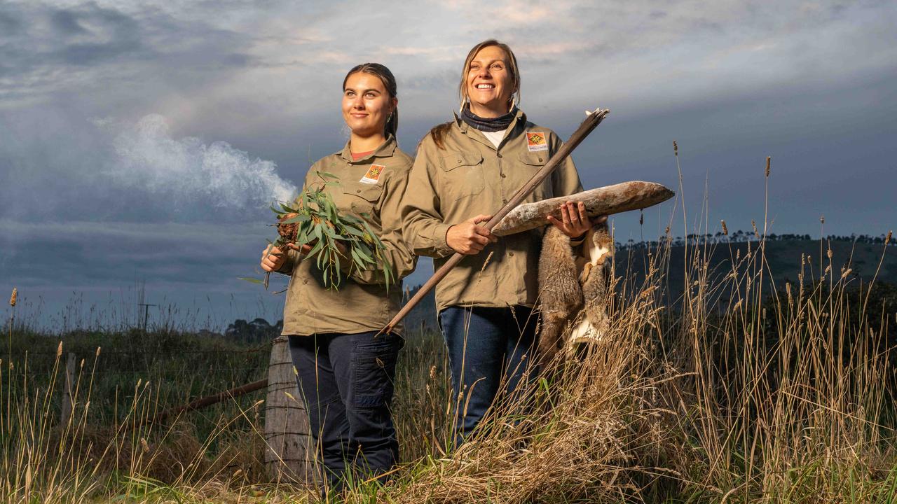 Wadawurrung women Tammy Gilson and Indigo Harrison in front of sacred place Kareet Bareet near Gordon, Victoria. Picture: Brad Fleet