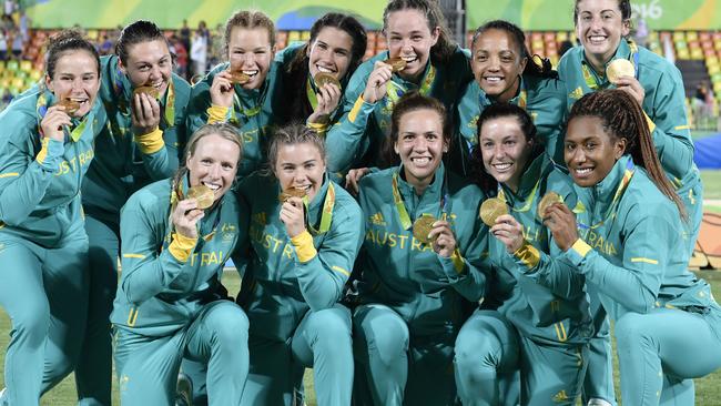 Australia’s women’s sevens team celebrate winning gold in Rio.