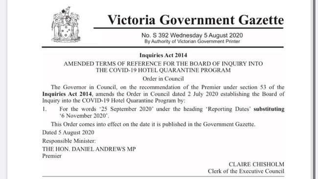 Victorian government gazette announcing delay of the hotel quarantine inquiry.