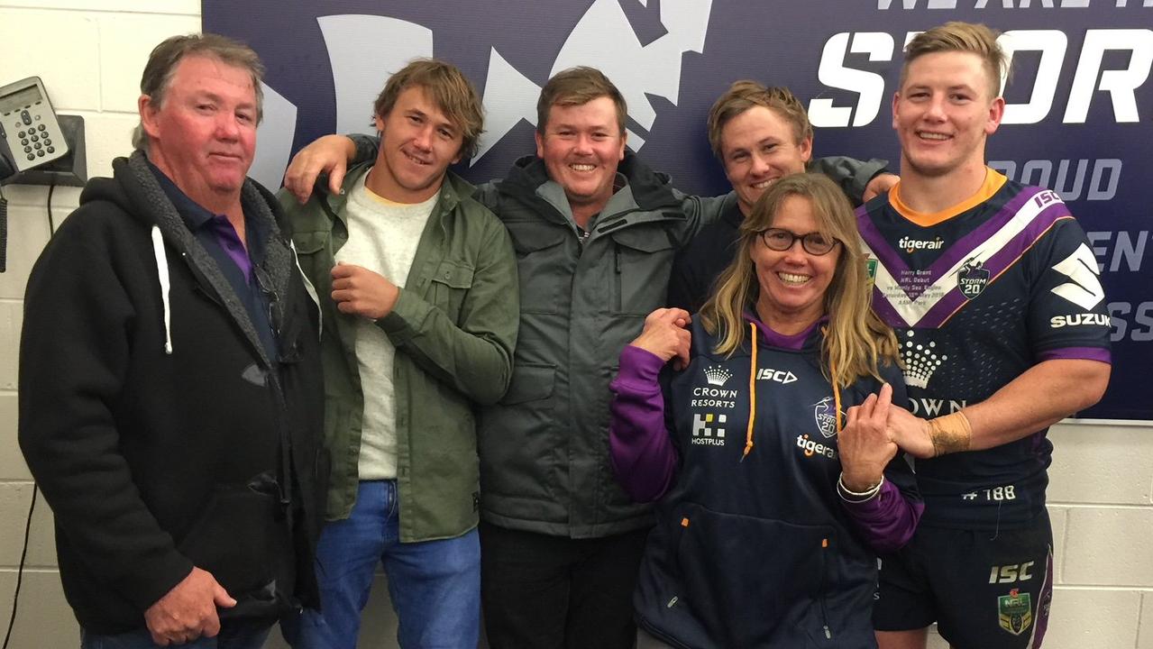 Harry Grant with his family after his debut with the Melbourne Storm in 2018.