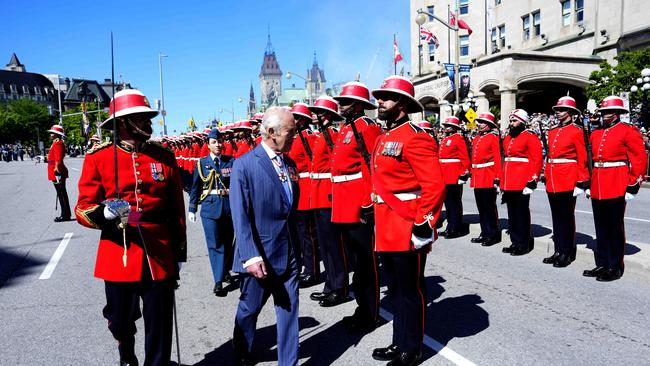 King Charles inspects an honour guard at the Senate of Canada Building in Ottawa. Picture: Justin Tang/The Canadian Press via AP