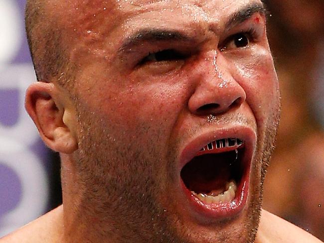 LAS VEGAS, NV - MAY 24: Robbie Lawler reacts to his victory over Jake Ellenberger their welterweight bout during the UFC 173 event at the MGM Grand Garden Arena on May 24, 2014 in Las Vegas, Nevada. (Photo by Josh Hedges/Zuffa LLC/Zuffa LLC via Getty Images)