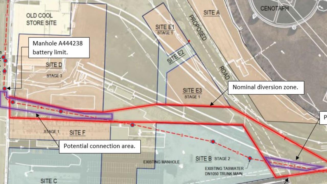 A diagram of the proposed realignment of the Hobart sewer main through Macquarie Point, runs through the site of the proposed Hobart stadium