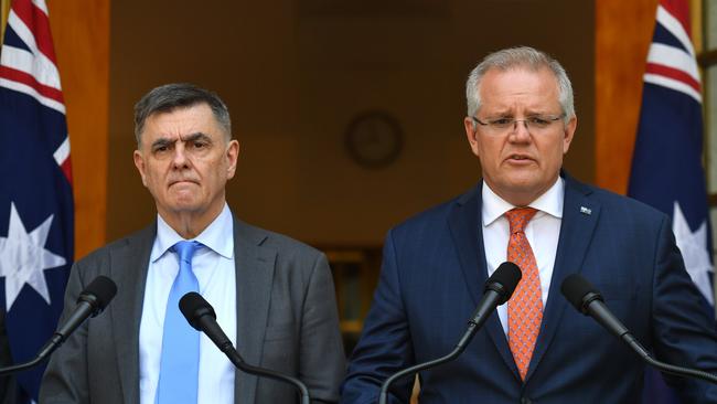 Chief Medical Officer Brendan Murphy and Scott Morrison give an update on the coronavirus. Picture: AAP.