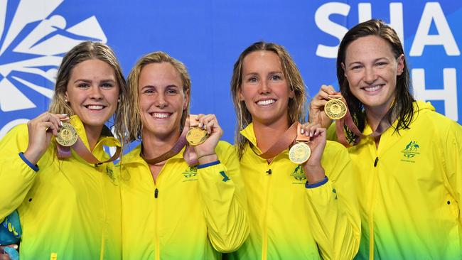 Shayna Jack, Bronte Campbell, Emma McKeon, Cate Campbell after they won gold for the Women's 4 x 100m Freestyle Relay Final during the XXI Commonwealth Games on the Gold Coast in 2018. Picture: AAP Image/Darren England