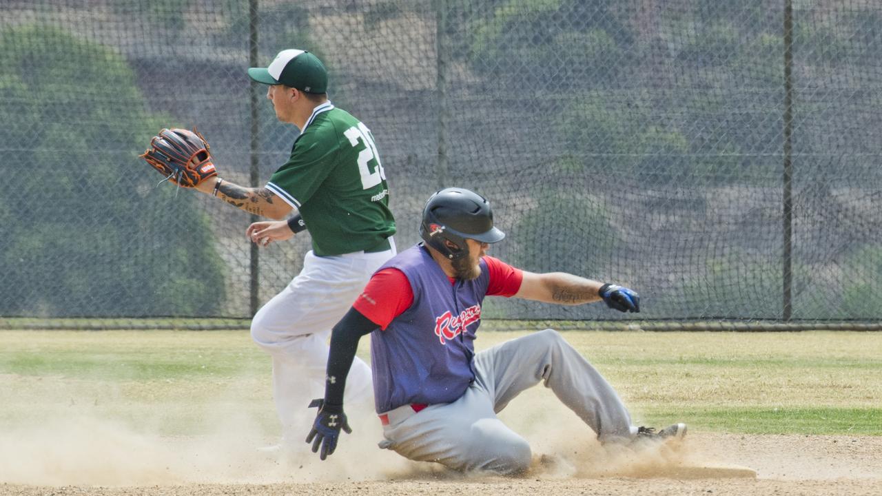 Luke Ardill safe at second base for Rangers against Beenleigh. Picture: Nev Madsen.