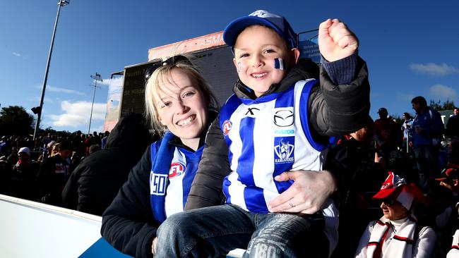 AFL COLOUR: North Melbourne vs. St. Kilda, Blundstone Arena: Samuel Golding, 5 of Dodges Ferry ready to support North Melbourne today with his step-Mum, Melanie Bennett also of Dodges Ferry. Melanie's mobile is 0418145039