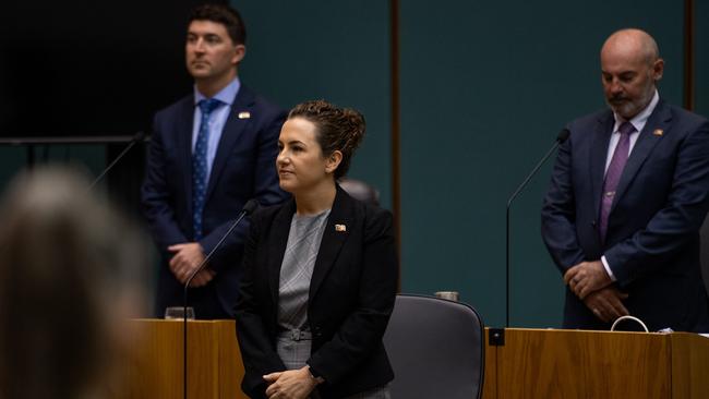 Leader of the Opposition Lia Finocchiaro, flanked by Braitling MLA Josh Burgoyne and Shadow Treasurer Bill Yan. Picture: Pema Tamang Pakhrin