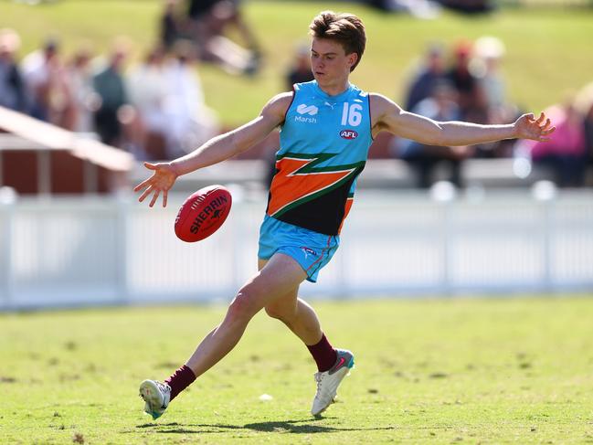 BRISBANE, AUSTRALIA – JULY 07: Samuel Marshall of Allies kicks during the Marsh AFL National Championships match between U18 Boys Allies and Victoria Country at Brighton Homes Arena on July 07, 2024 in Brisbane, Australia. (Photo by Chris Hyde/AFL Photos/via Getty Images)