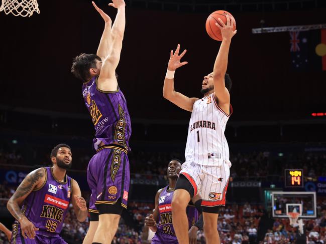 SYDNEY, AUSTRALIA - DECEMBER 25: Tyler Harvey of the Hawks shoots during the round 12 NBL match between Sydney Kings and Illawarra Hawks at Qudos Bank Arena, on December 25, 2023, in Sydney, Australia. (Photo by Jenny Evans/Getty Images)