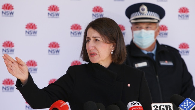 Premier Gladys Berejiklian is seen at a COVID press conference. Photo: Lisa Maree Williams/Getty Images