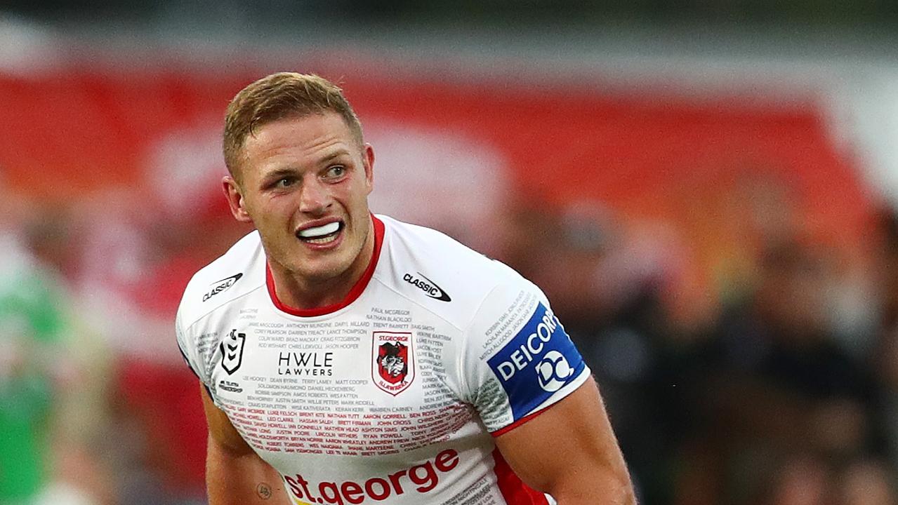 MUDGEE, AUSTRALIA - FEBRUARY 26: George Burgess of the Dragons in action during the Charity Shield NRL Trial Match between the South Sydney Rabbitohs and St George Illawarra Dragons at Glen Willow Sporting Complex on February 26, 2022 in Mudgee, Australia. (Photo by Mark Metcalfe/Getty Images)