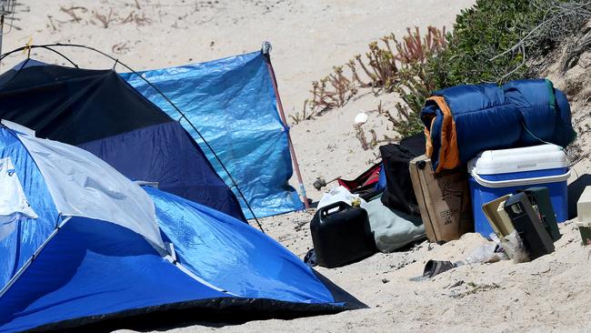 The abandoned camp of two women who were allegedly kidnapped and assaulted near Tea Tree Point in the Coorong National Park. Photo: Calum Robertson