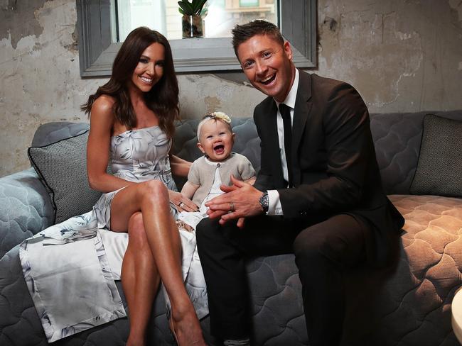 Michael Clarke with his wife Kyly and daughter Kelsey Lee at the launch of his new autobiography, MY STORY. Picture. Phil Hillyard