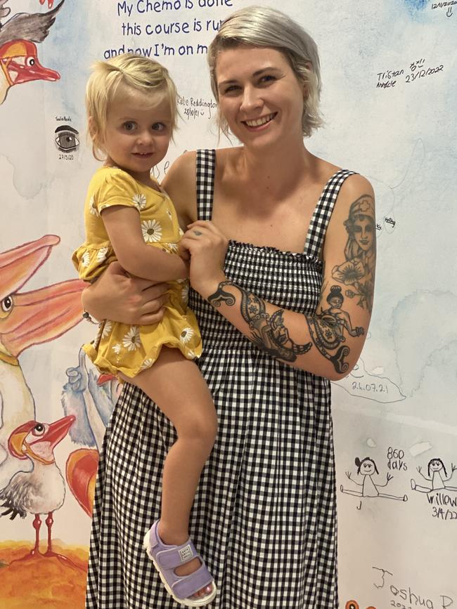 Gold Coast mother Ella McLellan said after her two year old daughter Indigo was diagnosed with T-cell lymphoma, critical financial aid from the Leukaemia Foundation "changed their lives". Picture: Amaani Siddeek