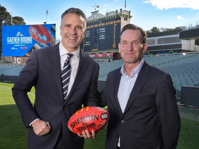 Premier Peter Malinauskas & AFL Chief Executive Andrew Dillon announce dates for 2025 AFL Gather Round. 2 July 2024. Picture: Dean Martin