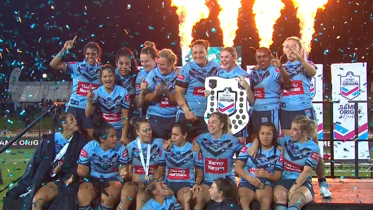 The Blues celebrate their win in the Women's State of Origin.