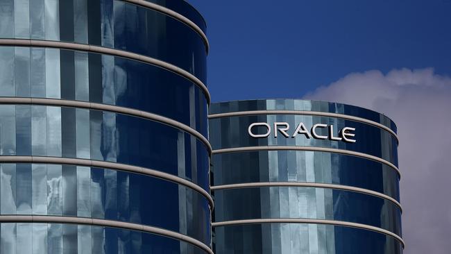 The Oracle logo displayed on the exterior of the Oracle headquarters at Redwood City, California. Picture: AFP