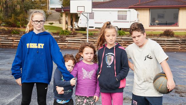 Local kids Rose, 11, Gus, 4, Kea, 5, Summer, 9 and Patrick, 12, at use the McConnell Reserve in Marino in 2017. Picture: AAP/Matt Loxton