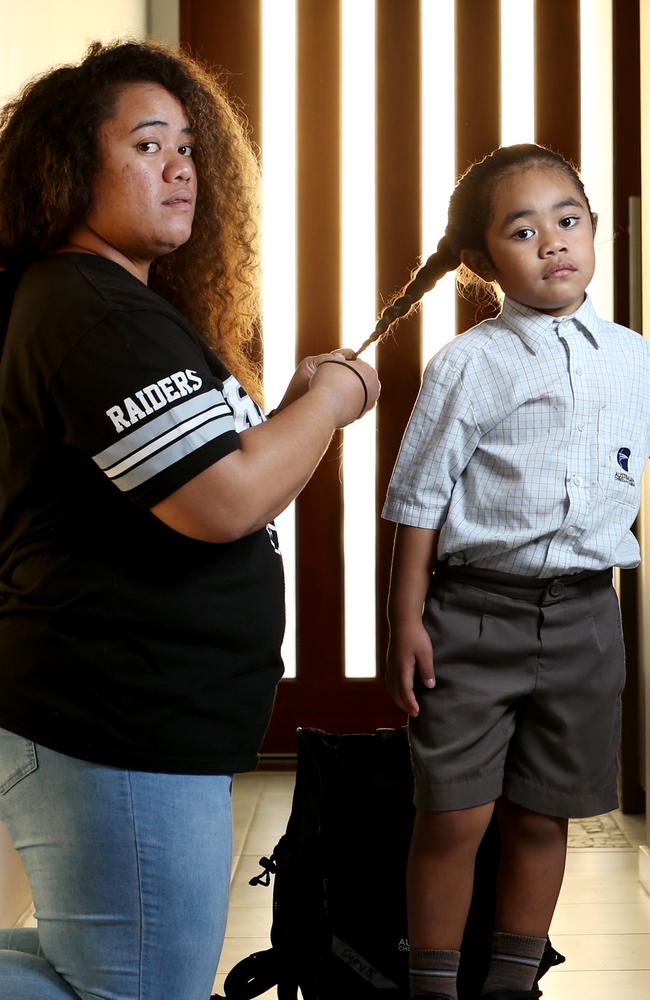 Wendy Taniela will find out next month if her son Cyrus, 5, will be allowed to keep his long hair and stay at the strict Christian school Australian Christian College Moreton.