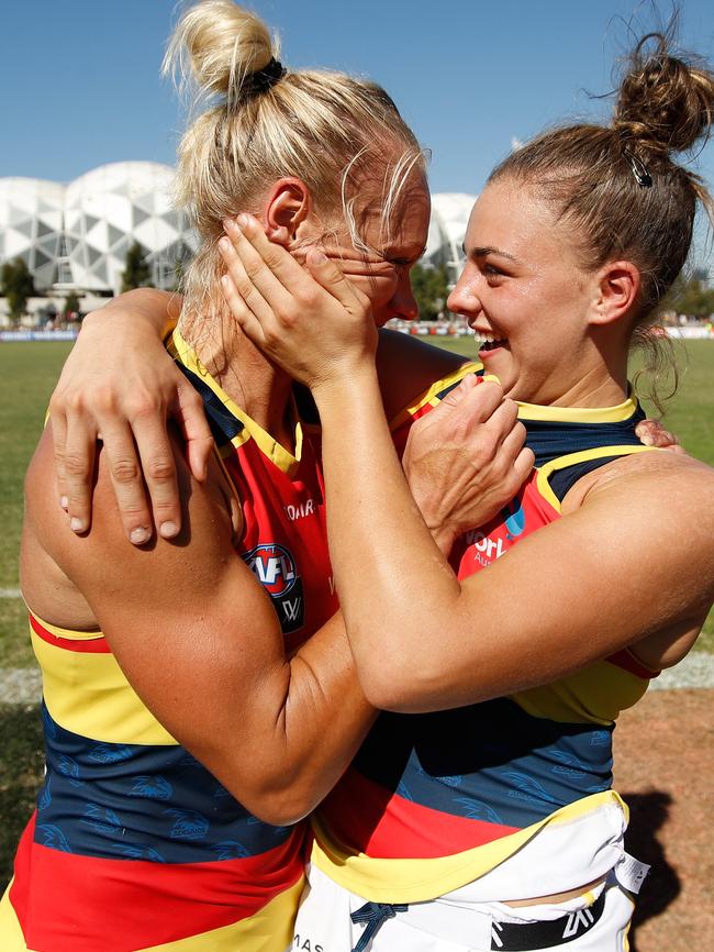 Erin Phillips and Ebony Marinoff celebrate the Crows’ win. Picture: Michael Willson/AFL Media/Getty Images)