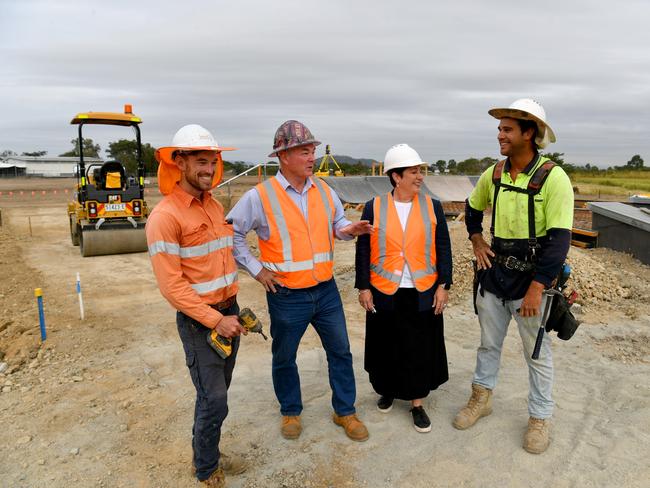 Cr Ann-Maree Greaney and Member for Townsville Scott Stewart with foreman Jerry Gorman and Convic skatepark builder Shannon Oti. Harold Phillips Park skate park under construction. Picture: Evan Morgan
