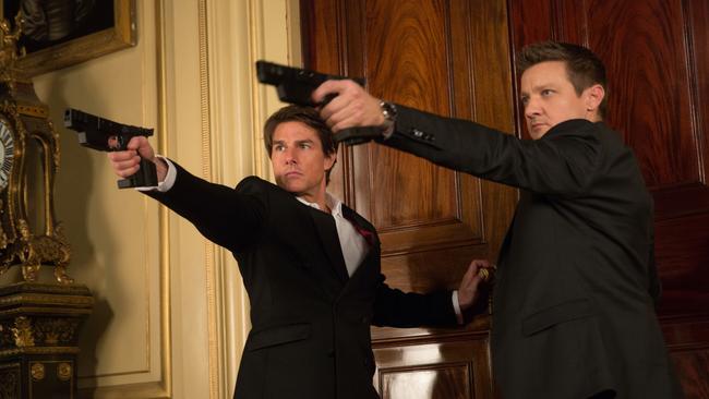 Tom Cruise and Jeremy Renner appear in a scene from Mission: Impossible – Rogue Nation. Picture: AP