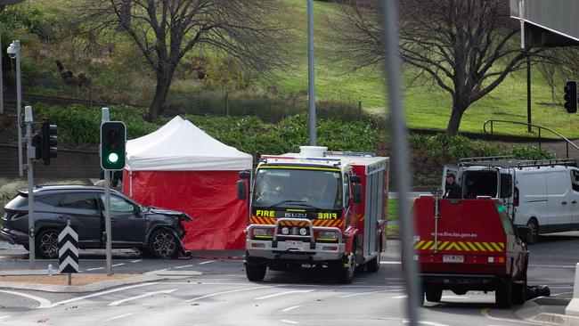 Scene of a fatal crash at the ABC roundabout in Hobart on Sunday 21st July 2024.Picture: Linda Higginson