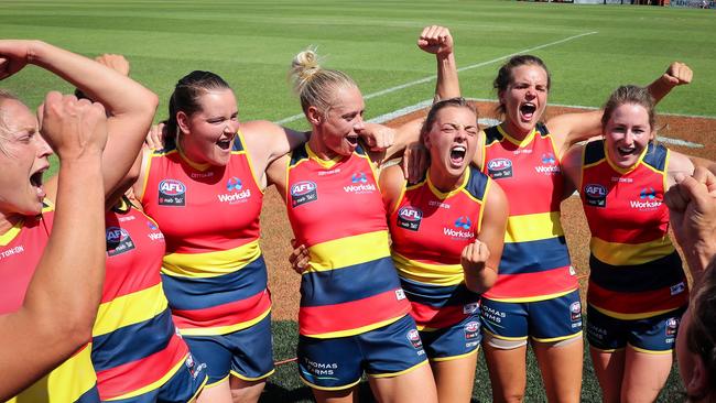 Adelaide Crows players celebrate their Round 3 victory against Geelong at Norwood Oval on Sunday. Picture: AFL Media