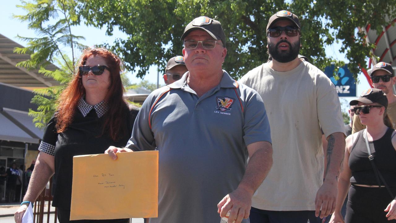 United Workers Union NT branch secretary Erina Early and unionised NT corrections officers descended on NT Treasurer Bill Yan’s office in Alice Springs on Friday. Picture: Gera Kazakov