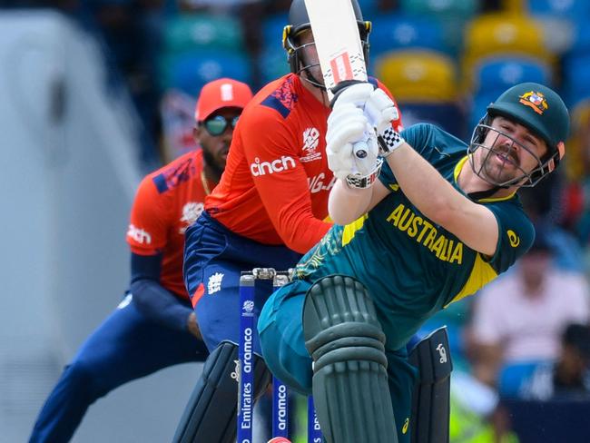 Australia's Travis Head hits during the ICC men's Twenty20 World Cup 2024 group B cricket match between Australia and England at Kensington Oval in Bridgetown, Barbados, on June 8, 2024. (Photo by Randy Brooks / AFP)