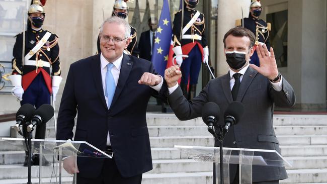 Scott Morrison and Emmanuel Macron at a joint press conference, June 15, 2021. Picture: Adam Taylor/PMO