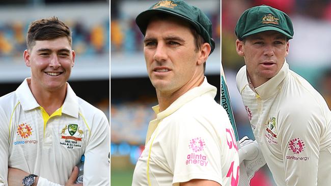 (L-R) Matt Renshaw, Pat Cummins and Peter Handscomb.