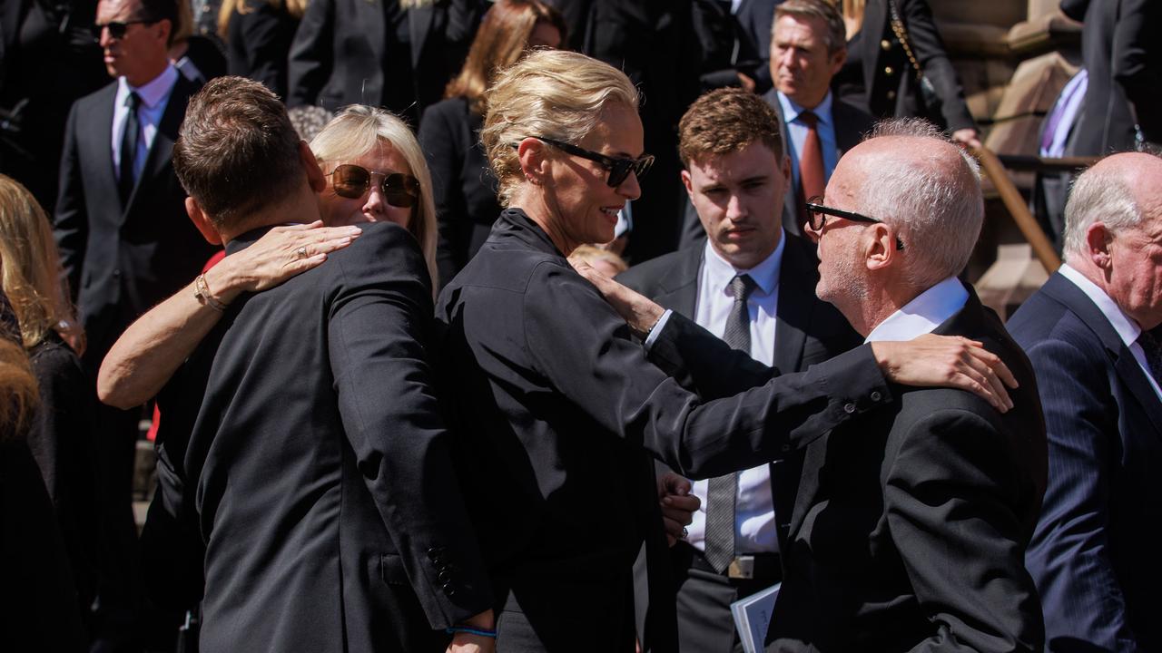 Lachlan and Sarah Murdoch at Brian Walsh’s funeral at St Mary's Cathedral, in Sydney. Picture: Justin Lloyd.