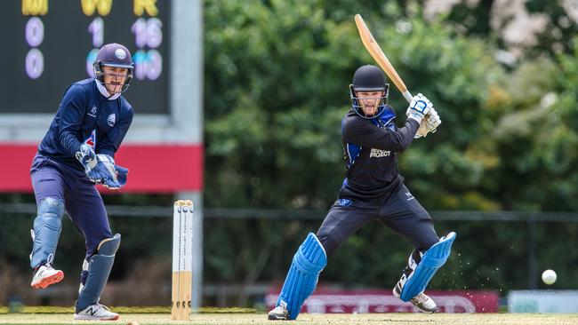 Premier cricket: Geelong v Melbourn Uni Melbourne Uni’s James McNeil hits a single off Callum Stow in front of keeper, Josh McDonald. Picture: Jay Town