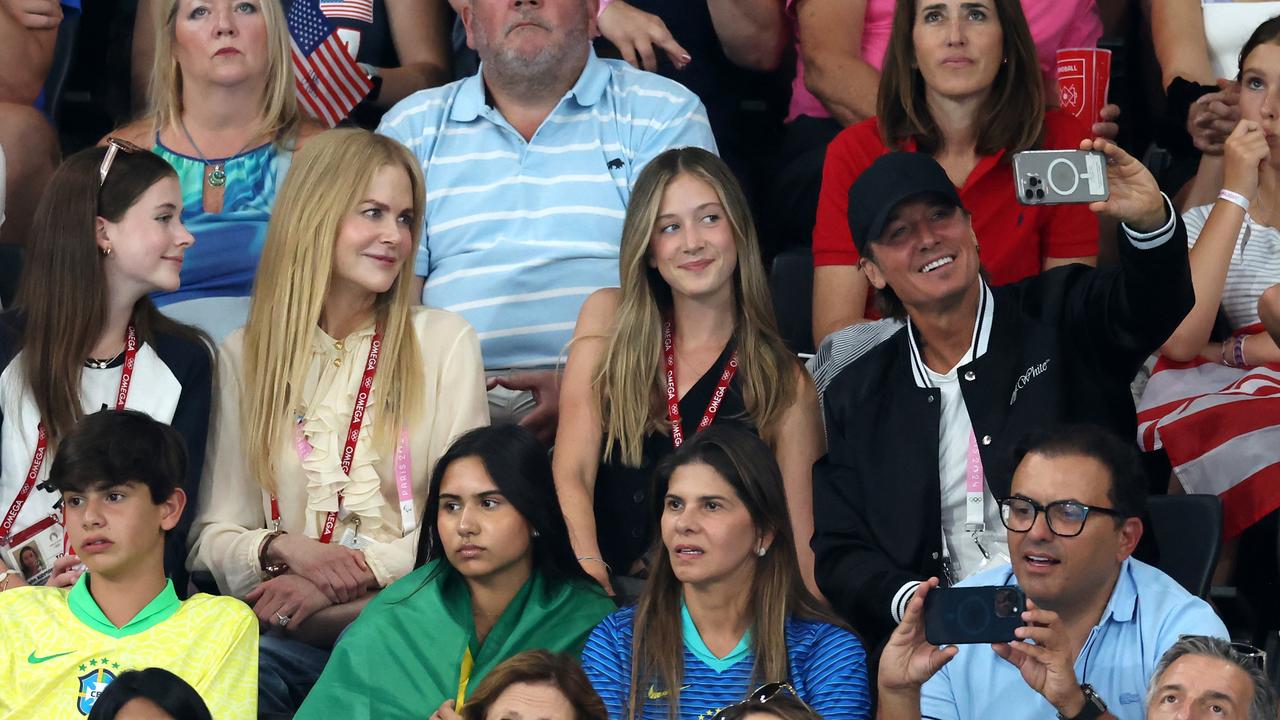 Nicole Kidman, Keith Urban and children are seen during the Artistic Gymnastics Women's Team Final on day four of the Olympic Games in Paris.