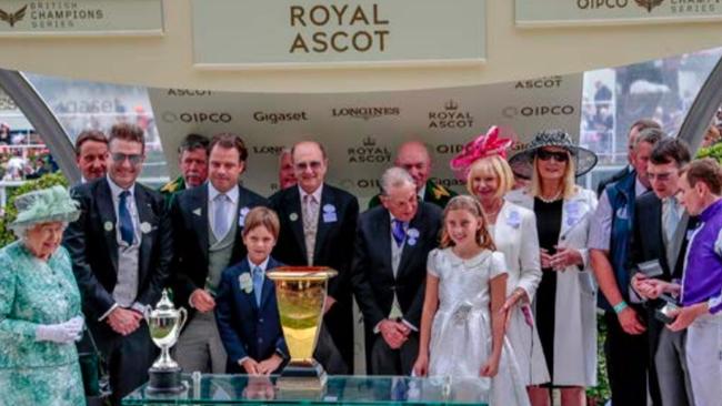 Thomas Foods chief executive officer Darren Thomas (third from left) meets the Queen at Royal Ascot meet on June 22, when his horse Merchant Navy won the Diamond Jubilee Stakes. Picture: Supplied