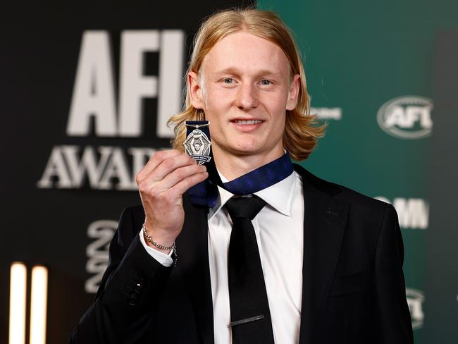 Ollie Dempsey of the Geelong Cats is seen after being awarded the Rising Star. Picture: Michael Willson/AFL Photos via Getty Images