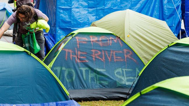 Sydney university protest tents declaring ‘From the river to the sea’. Picture: NCA NewsWire / David Swift