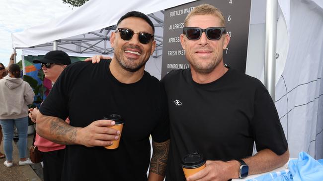 Reni Maitua and Mick Fanning at the Surf of Origin at Burleigh Beach. Picture: Annette Dew