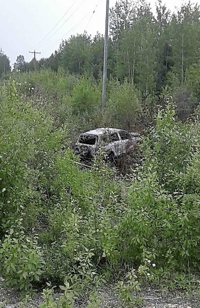 Police confirmed this Toyota SUV found burning in bush at a reserve near the remote town of Gillam on Monday was dumped by suspected triple killers Kam McLeod and Bryer Schmegelsky. Picture: Supplied