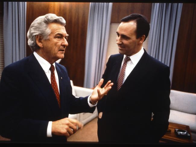 Paul Keating and Bob Hawke, in the Prime Minister’s Office, on one of their last days in Old Parliament House in 1988. Credit: Museum of Australian Democracy, Old Parliament House