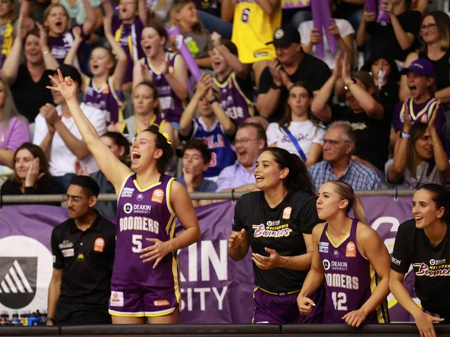 MELBOURNE, AUSTRALIA - MARCH 02: Sherrie Calleia of the Boomers, Penina Davidson of the Boomers,  Lilly Rotunno of the Boomers and Grace Graham of the Boomers react during game two of the WNBL Semi Final series between Melbourne Boomers and Southside Flyers at Melbourne Sports Centres - Parkville, on March 02, 2024, in Melbourne, Australia. (Photo by Kelly Defina/Getty Images)